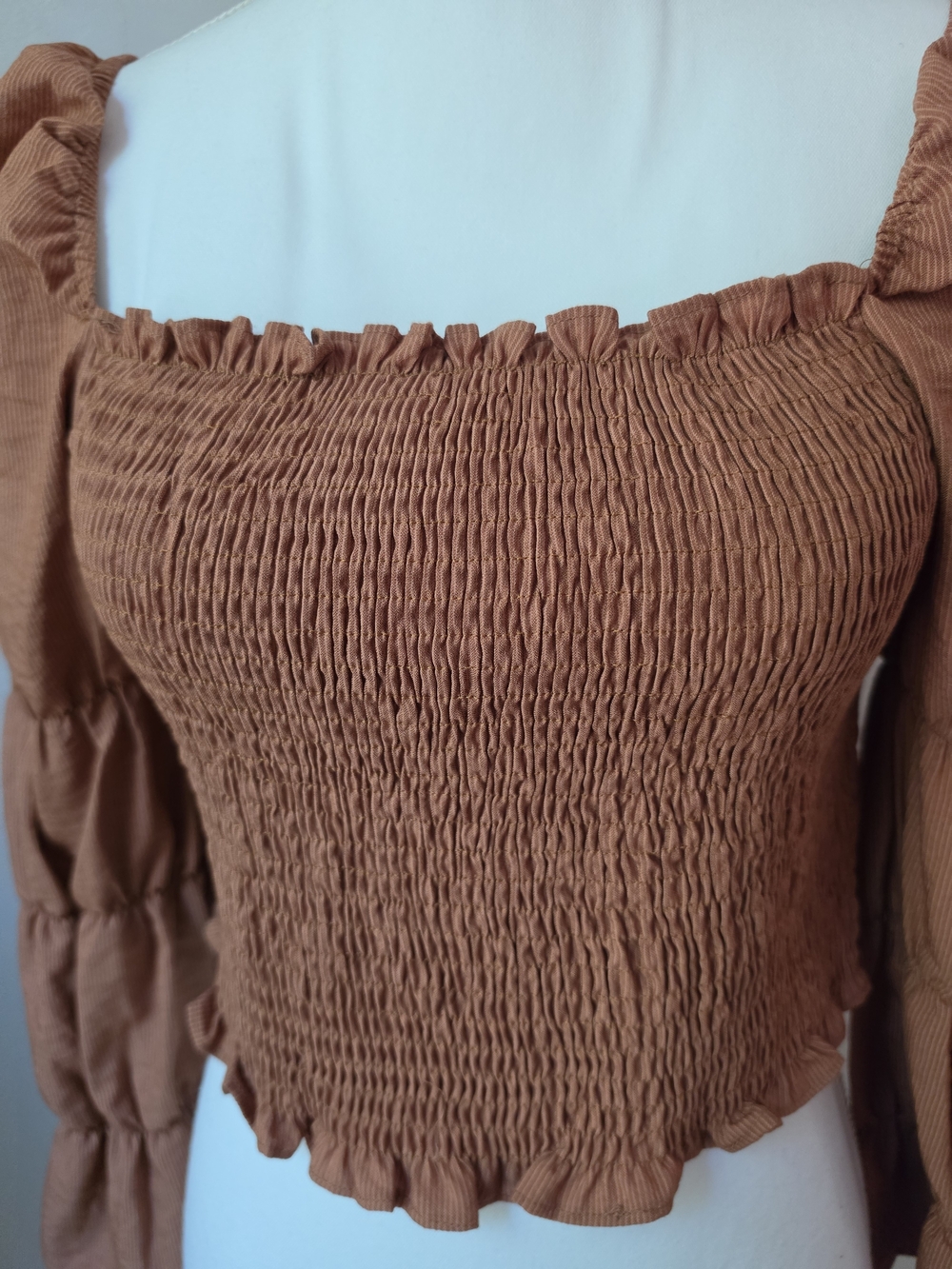 Smocked Square-Neck Crop Top in Caramel - Picture 6 of 9
